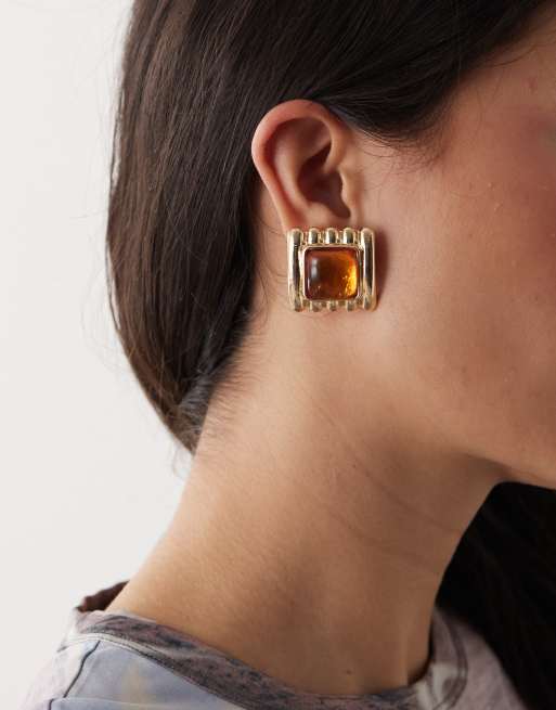 Reclaimed Vintage - Oorbellen met imitatie amberstenen in goud
