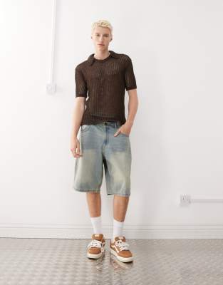 Reclaimed Vintage Open Stitch Knit Polo Shirt In Brown