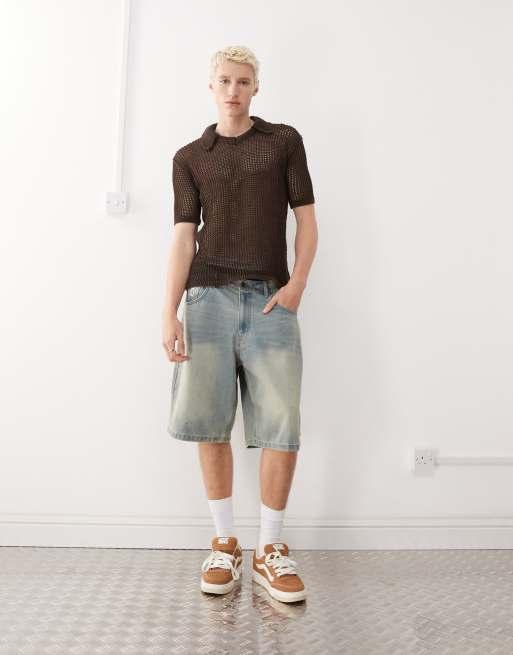 Reclaimed Vintage open stitch knitted polo shirt in chocolate brown, 2 of 4