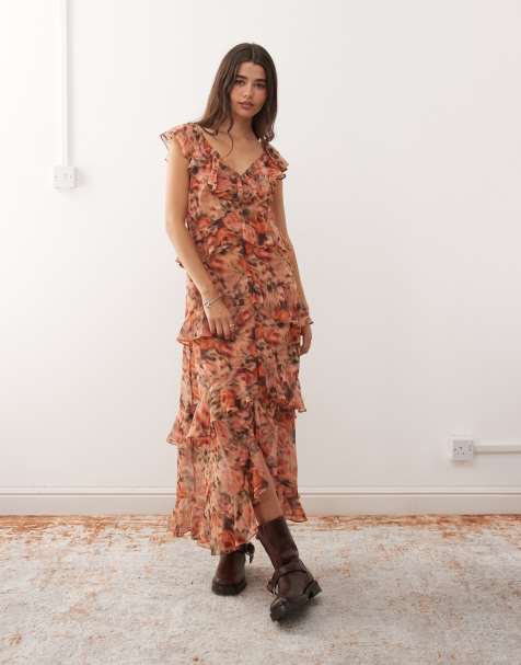 Reclaimed Vintage – Orange, blommig midiklänning med asymmetrisk fåll och volanger - view 1