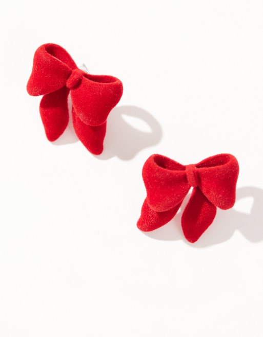 Orecchini A Perno Vintage Con Fiocco Floccato Rosso – Velluto, Per Donna
