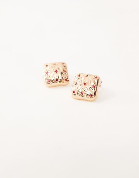 Reclaimed Vintage - Orecchini a bottone squadrati color oro con stelle rosse - view 1