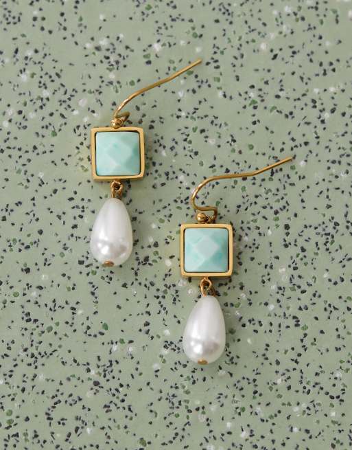 Reclaimed Vintage - Orecchini pendenti in acciaio inossidabile con pietra blu e perla, 3 di 3