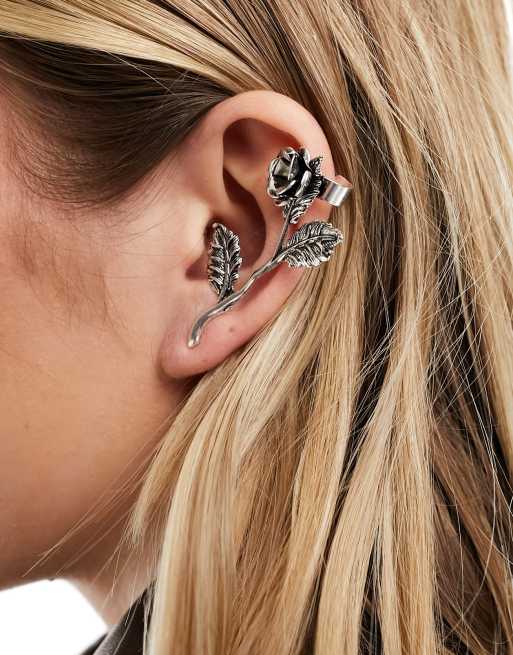Reclaimed Vintage - Orecchino unisex ear cuff argentato a forma di rosa, 2 di 4