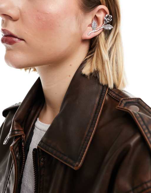 Reclaimed Vintage - Orecchino unisex ear cuff argentato a forma di rosa, 4 di 4