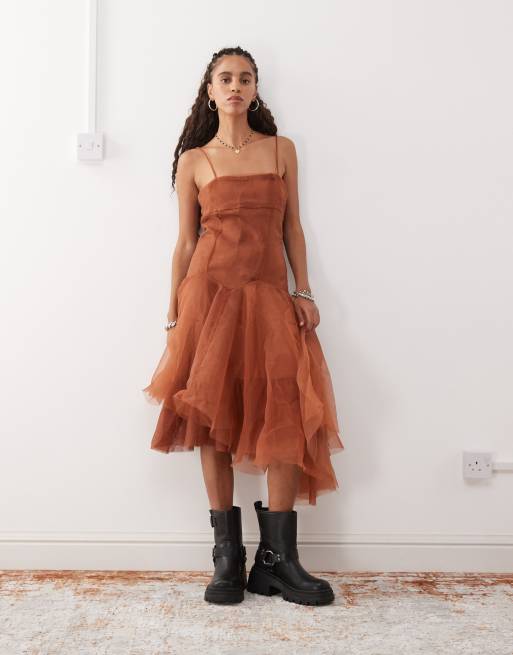 Reclaimed Vintage organza midi party dress in brown
