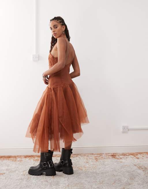 Reclaimed Vintage organza midi party dress in brown