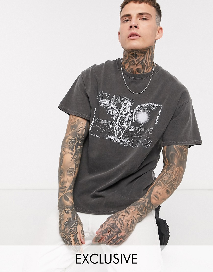 Reclaimed Vintage overdye t-shirt with angel print in charcoal-Grey