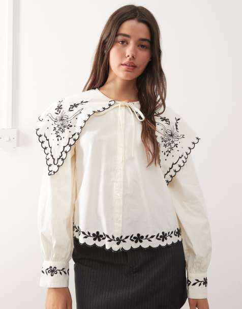 Reclaimed Vintage – Oversize-Hemdbluse in Cremeweiß mit besticktem Kragen - view 1