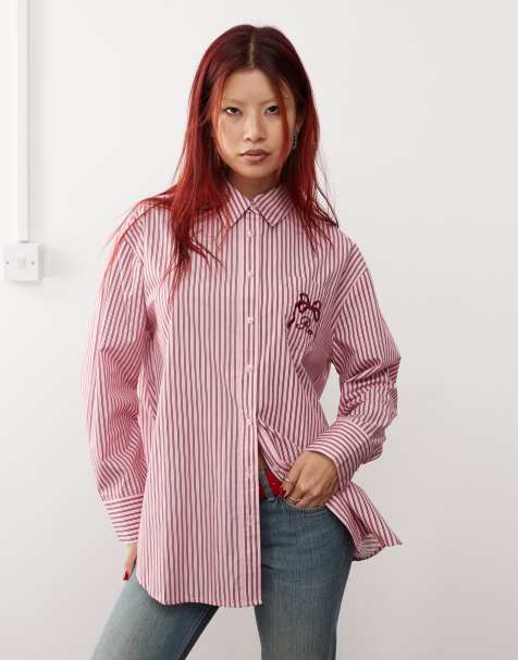 Reclaimed Vintage – Oversize-Hemdbluse in Rosa mit burgunderroten Nadelstreifen und Stickerei - view 1