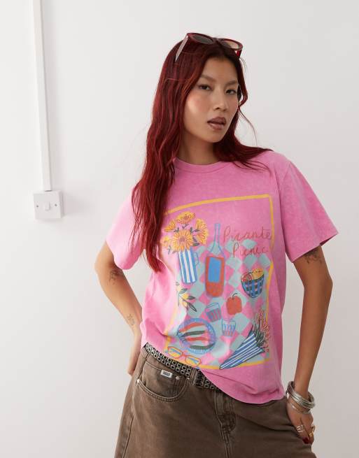 Reclaimed Vintage – Oversize-T-Shirt in Rosa mit Picknick-Print