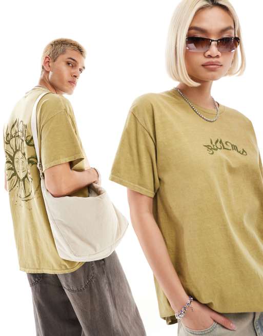 Reclaimed Vintage – Oversize-T-Shirt in verwaschenem Khaki mit Himmelskörpergrafik hinten, unisex