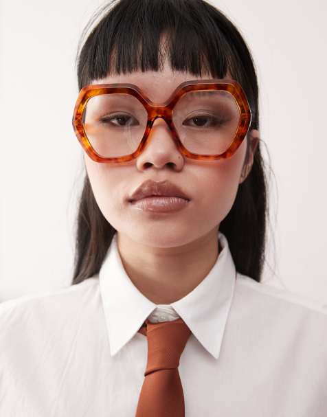 Reclaimed Vintage oversized 70s hexagon blue light glasses in tortoiseshell - view 1