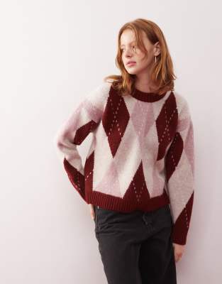Reclaimed Vintage oversized argyle knitted jumper in red and pink-Multi