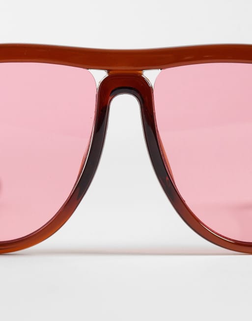 Reclaimed Vintage - Oversized aviator bril met roze glazen in bruin, 2 van 3
