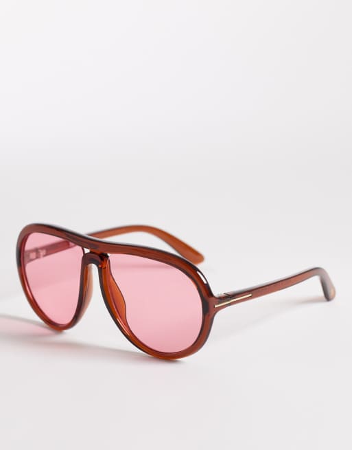 Reclaimed Vintage oversized aviator sunglasses with pink lens in brown