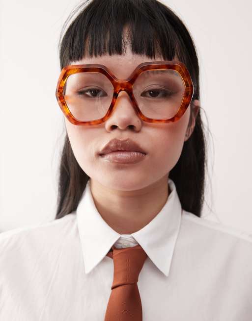 Reclaimed Vintage - Oversized blauw licht bril in zeshoekige jaren 70-stijl in tortoise