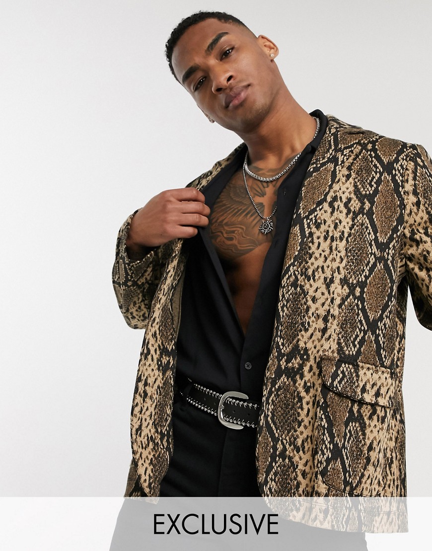 Reclaimed Vintage - Oversized casual blazer met slangenprint-Bruin