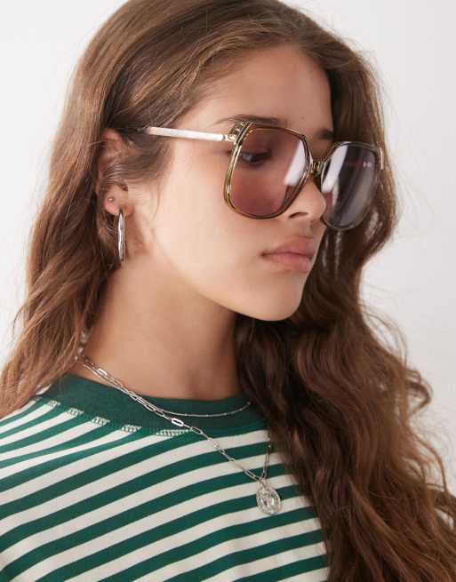 Reclaimed Vintage oversized circle sunglasses with red lens in light brown, 3 of 3