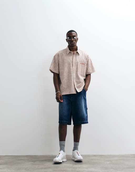 Reclaimed Vintage oversized cropped boxy shirt in yellow and brown check, 2 of 5