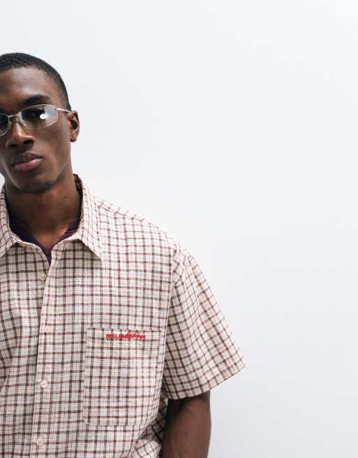 Reclaimed Vintage oversized cropped boxy shirt in yellow and brown check, 3 of 5
