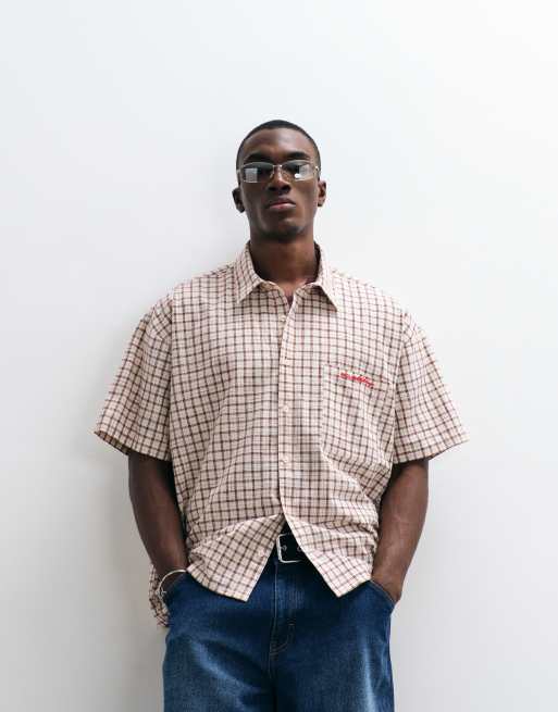 Reclaimed Vintage oversized cropped boxy shirt in yellow and brown plaid