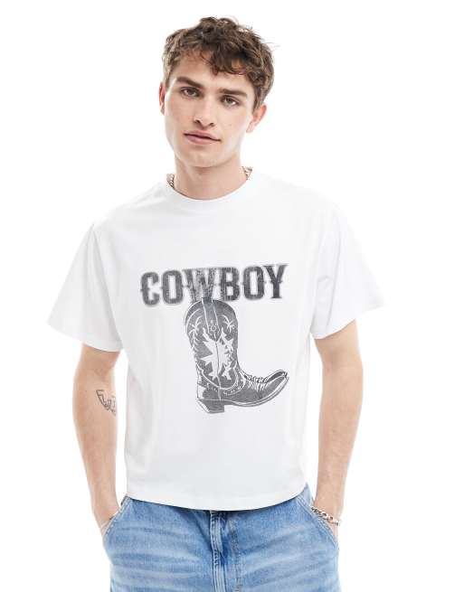 Reclaimed Vintage - Oversized, cropped T-shirt med 'Cowboy'-print i hvid i firkantet pasform