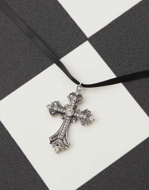 Reclaimed Vintage oversized diamante cross necklace on black ribbon, 2 of 3