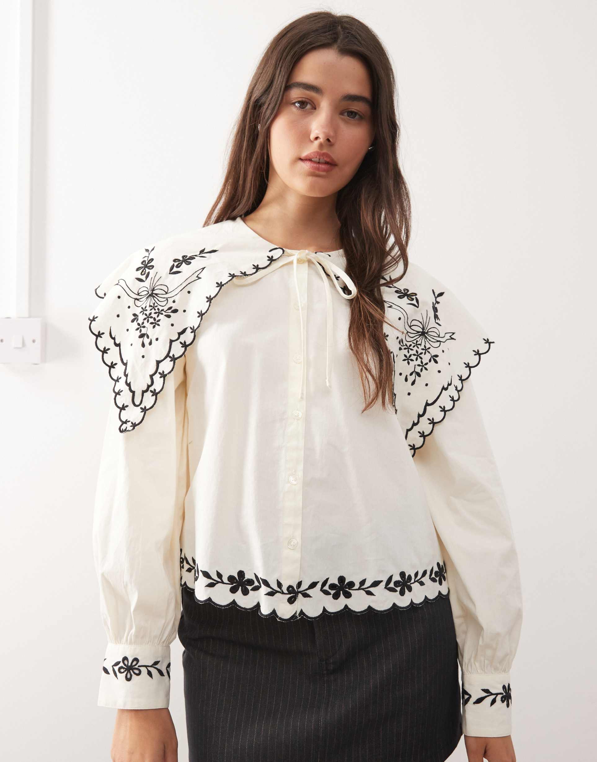 reclaimed vintage oversized embroidered collar shirt in cream