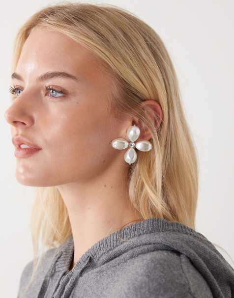 Reclaimed Vintage oversized flower earrings with pearls in silver - view 1