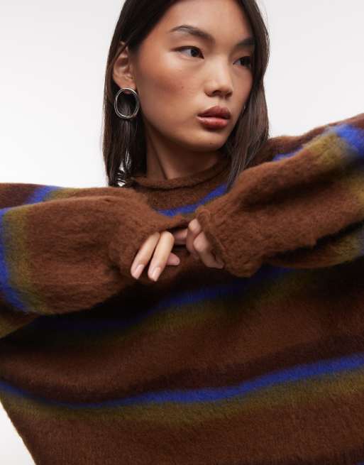 Reclaimed Vintage oversized fluffy gestreepte trui met ballonmouwen in multi, 1 van 4