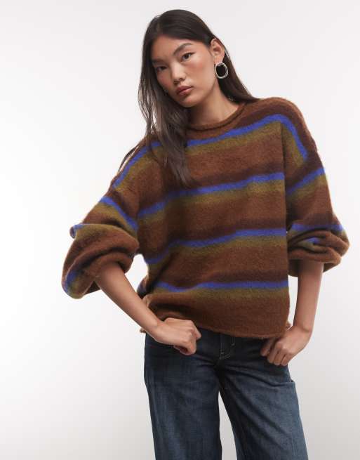 Reclaimed Vintage oversized fluffy gestreepte trui met ballonmouwen in multi, 3 van 4