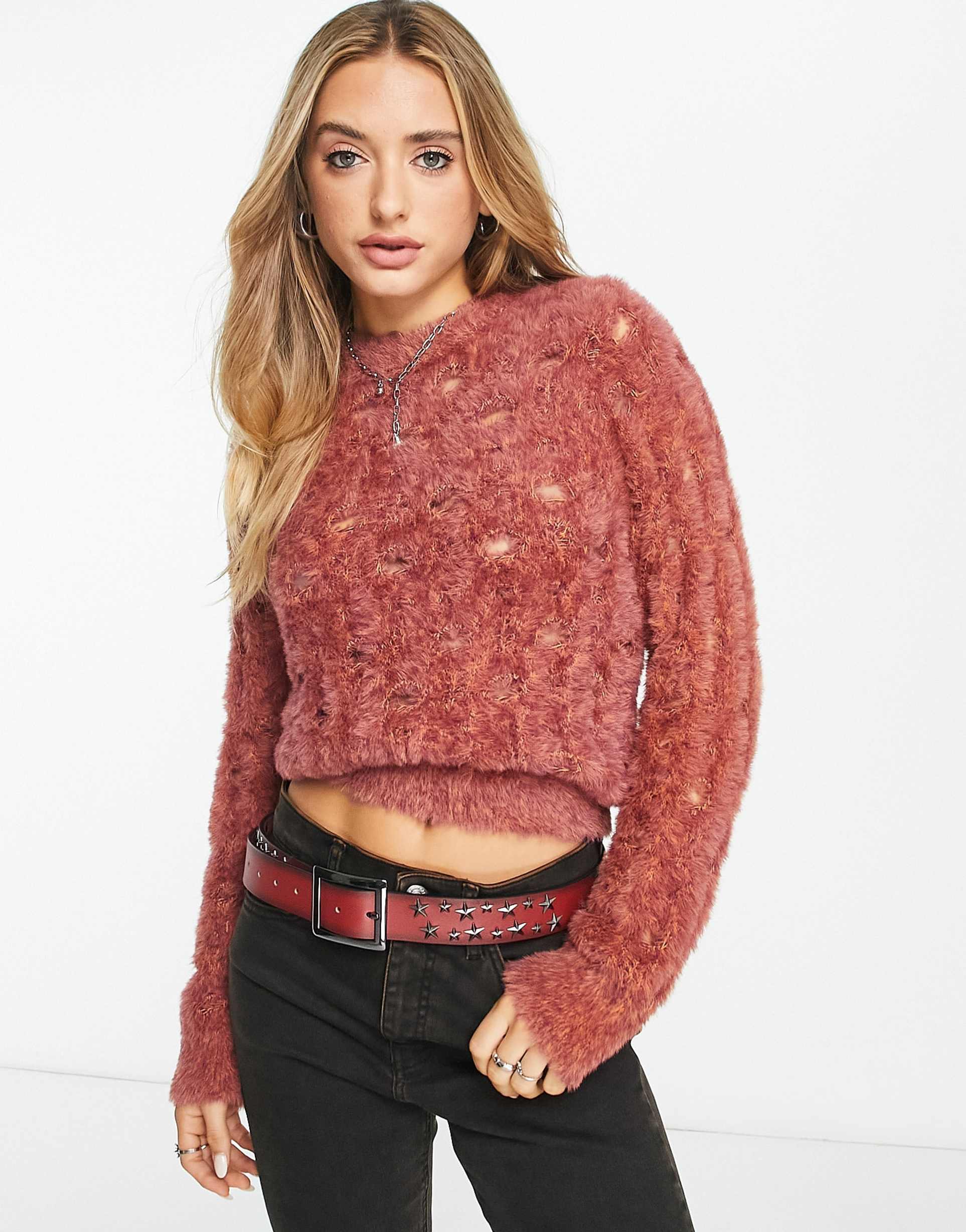 Reclaimed Vintage oversized fluffy laddered jumper in pink view 2