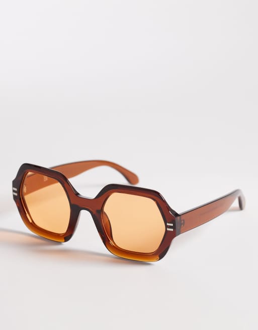 Reclaimed Vintage oversized hexagonal light tint sunglasses with orange lens in burgundy, 1 of 3