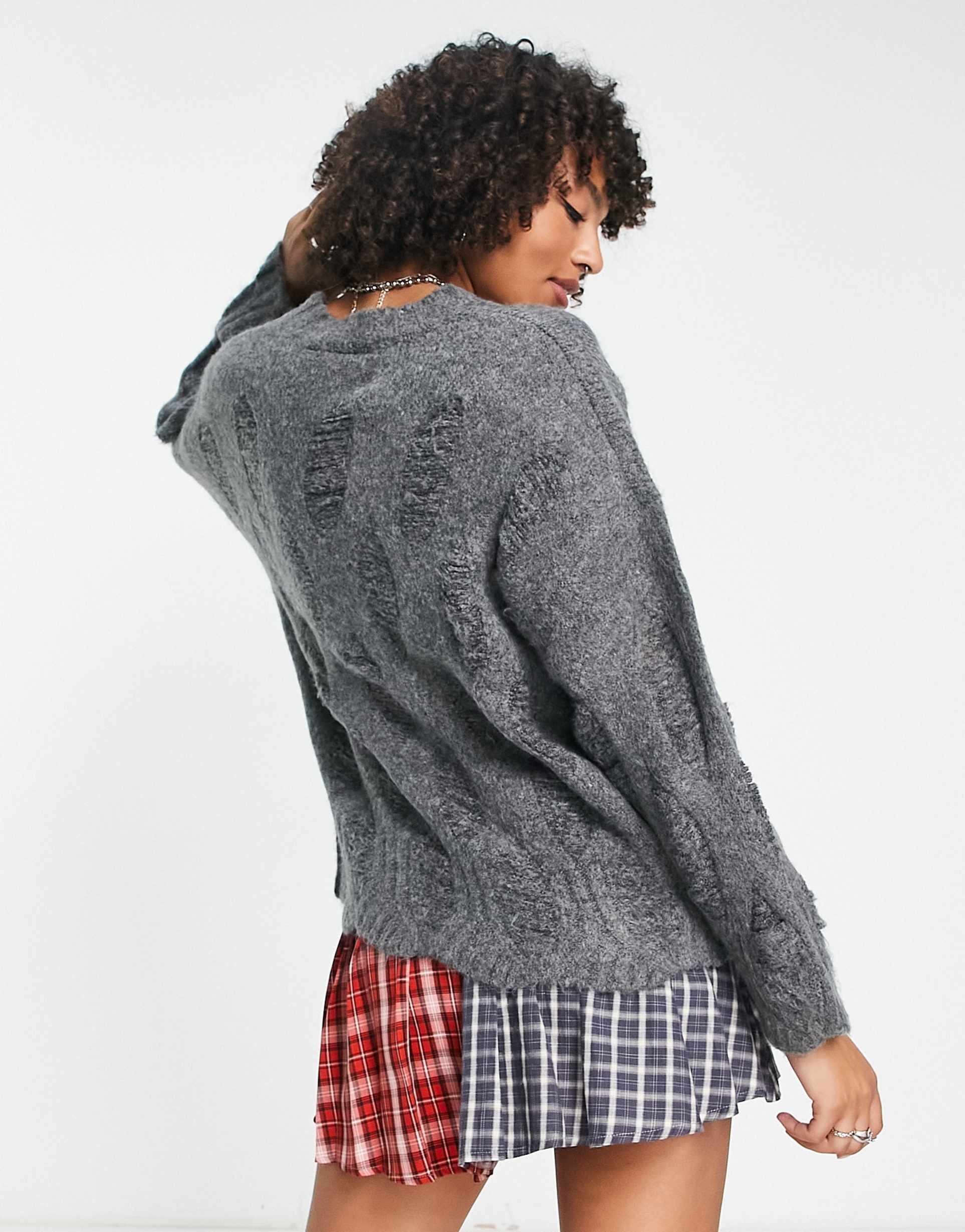Reclaimed Vintage oversized jumper with laddering and distressing in grey view 3