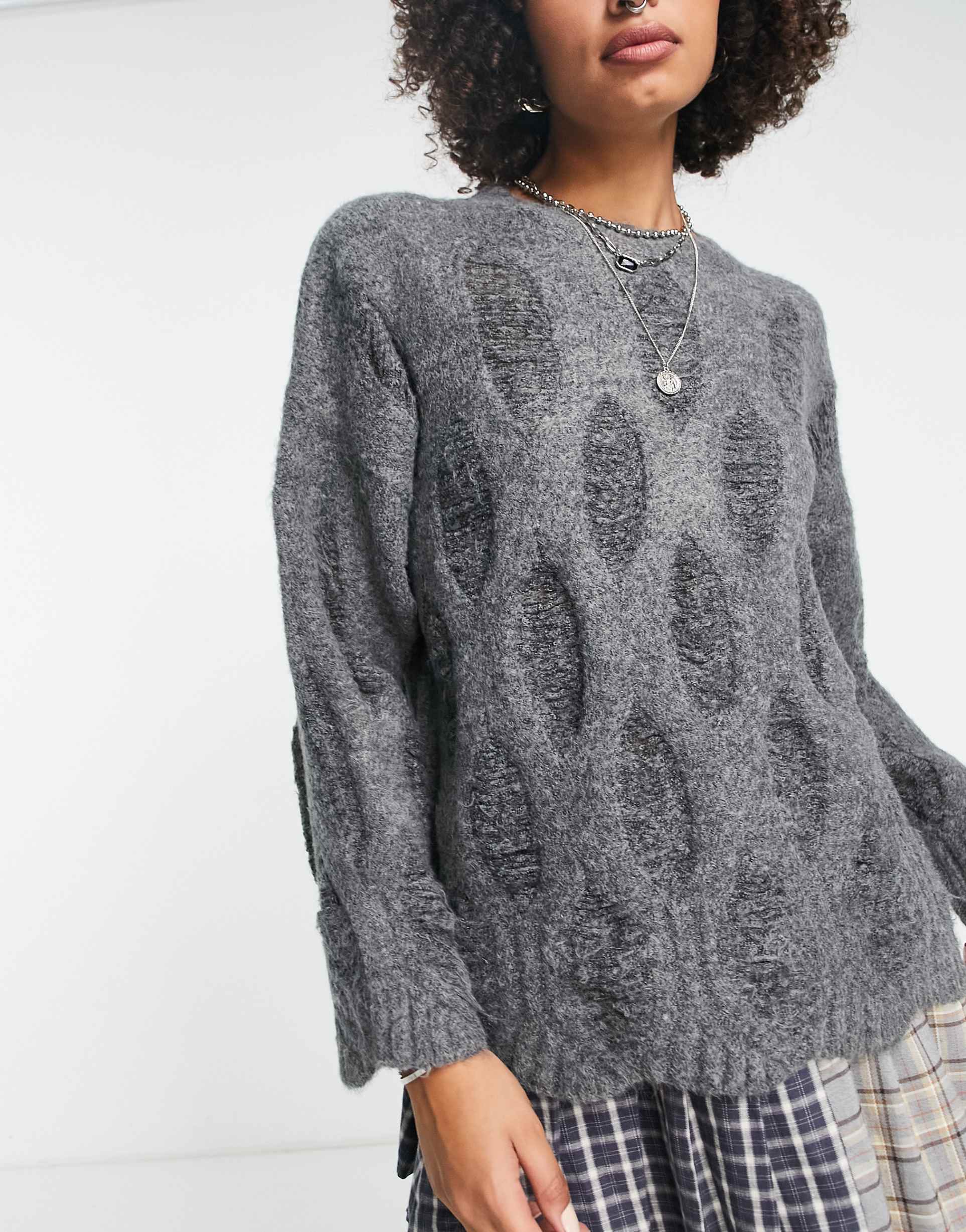 Reclaimed Vintage oversized jumper with laddering and distressing in grey view 4