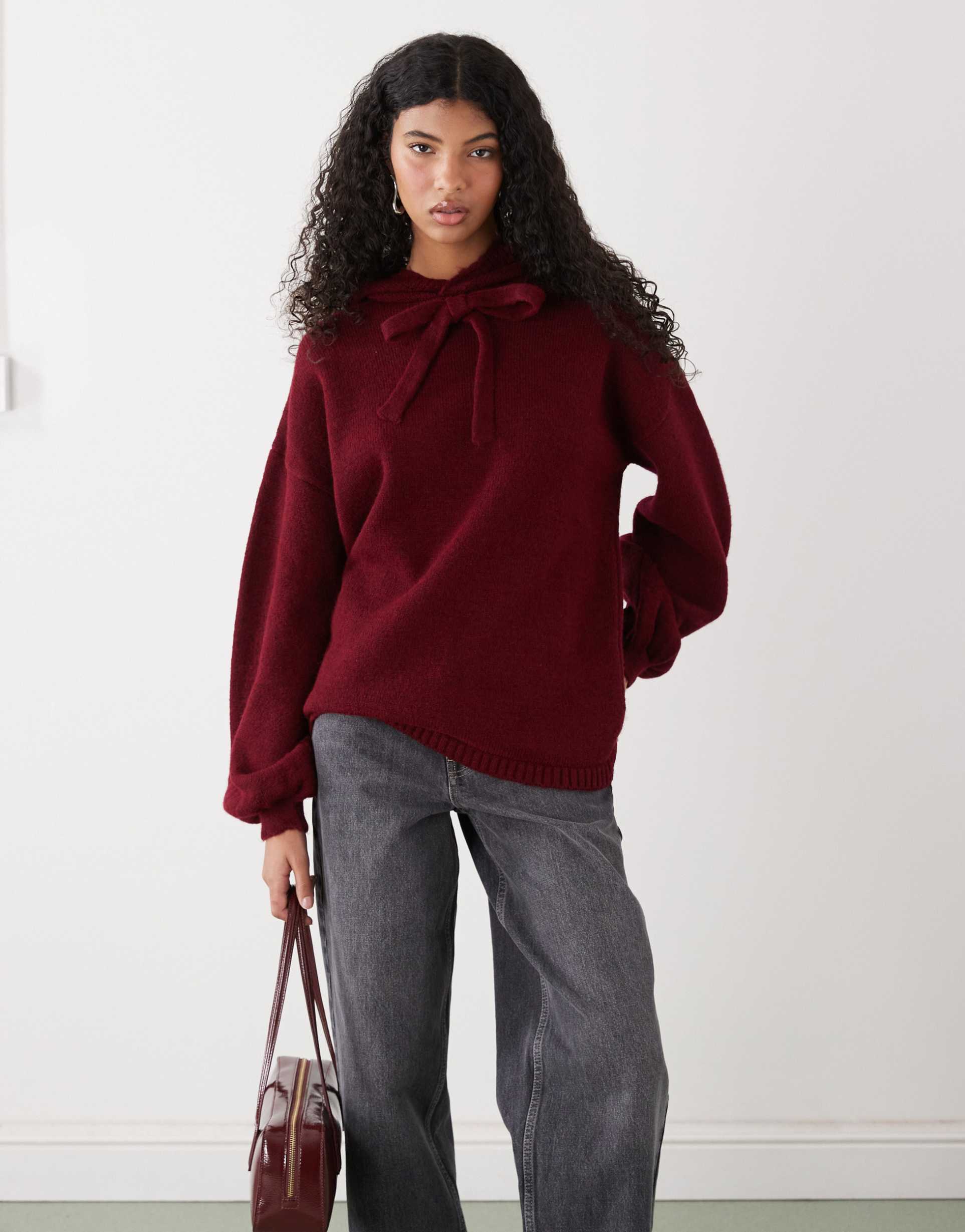 reclaimed vintage oversized knit hoodie in raspberry red