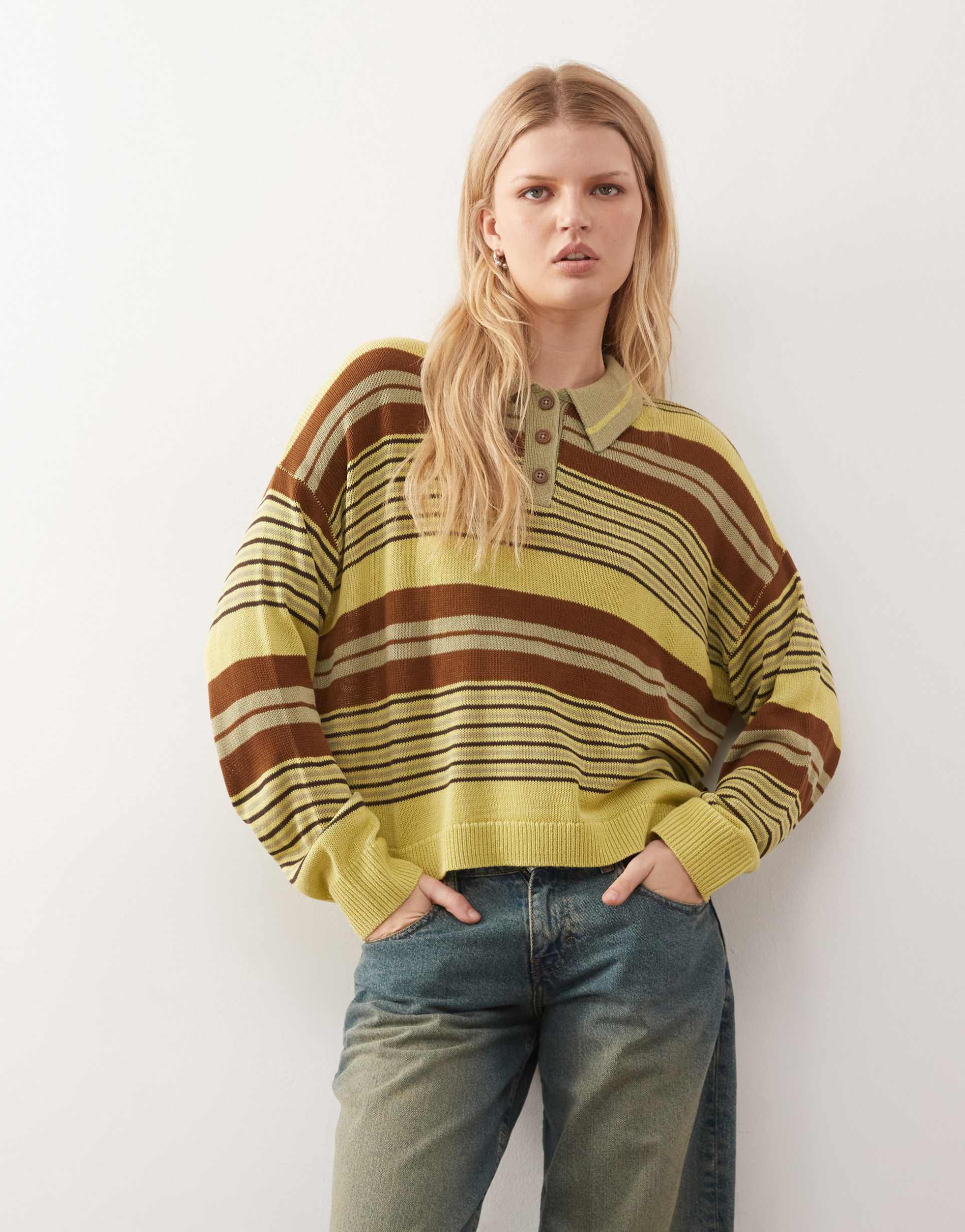 reclaimed vintage oversized knit polo sweater in green and brown stripe