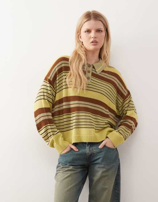 Reclaimed Vintage oversized knit polo sweater in green and brown stripe