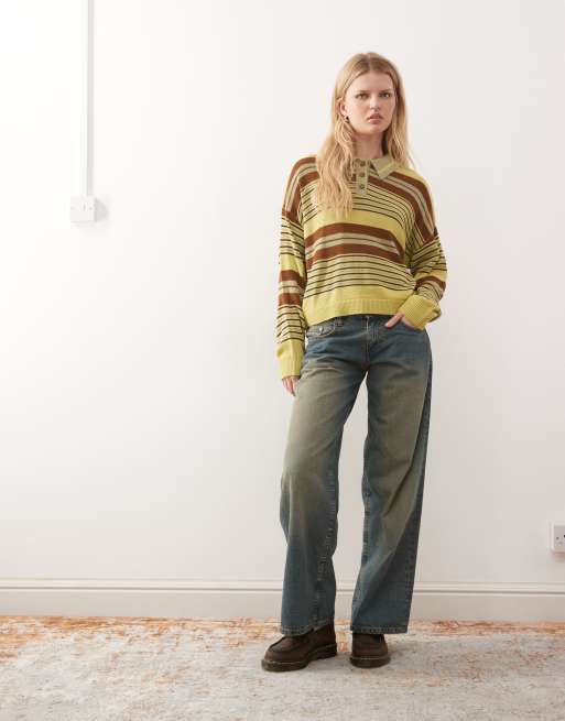 Reclaimed Vintage oversized knit polo sweater in green and brown stripe, 3 of 4