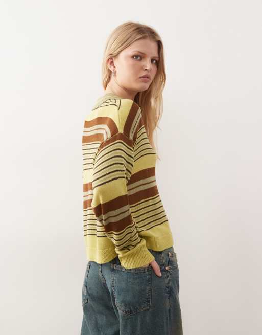 Reclaimed Vintage oversized knit polo sweater in green and brown stripe, 4 of 4