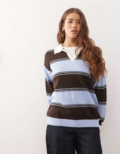 Reclaimed Vintage oversized knit rubgy polo shirt in blue and brown stripes - view 1