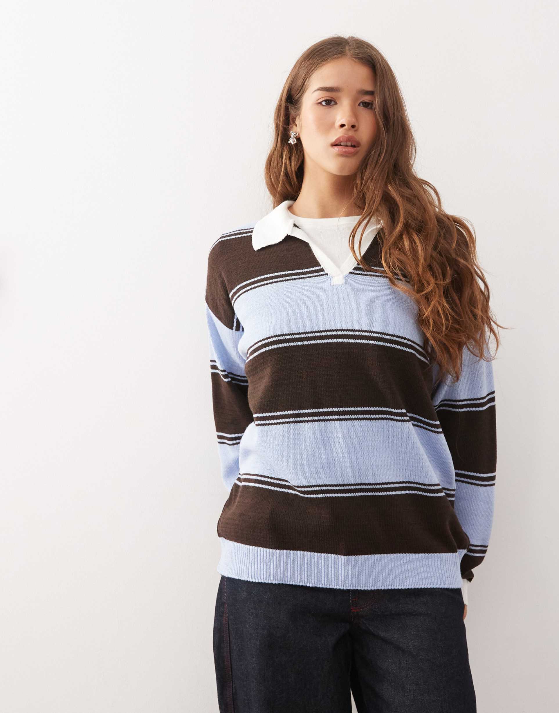 reclaimed vintage oversized knit rubgy polo shirt in blue and brown stripes