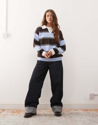 Reclaimed Vintage Oversized Knit Rubgy Polo Shirt In Blue