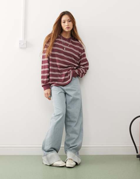 Reclaimed Vintage oversized long sleeve top in burgundy stripe - view 1