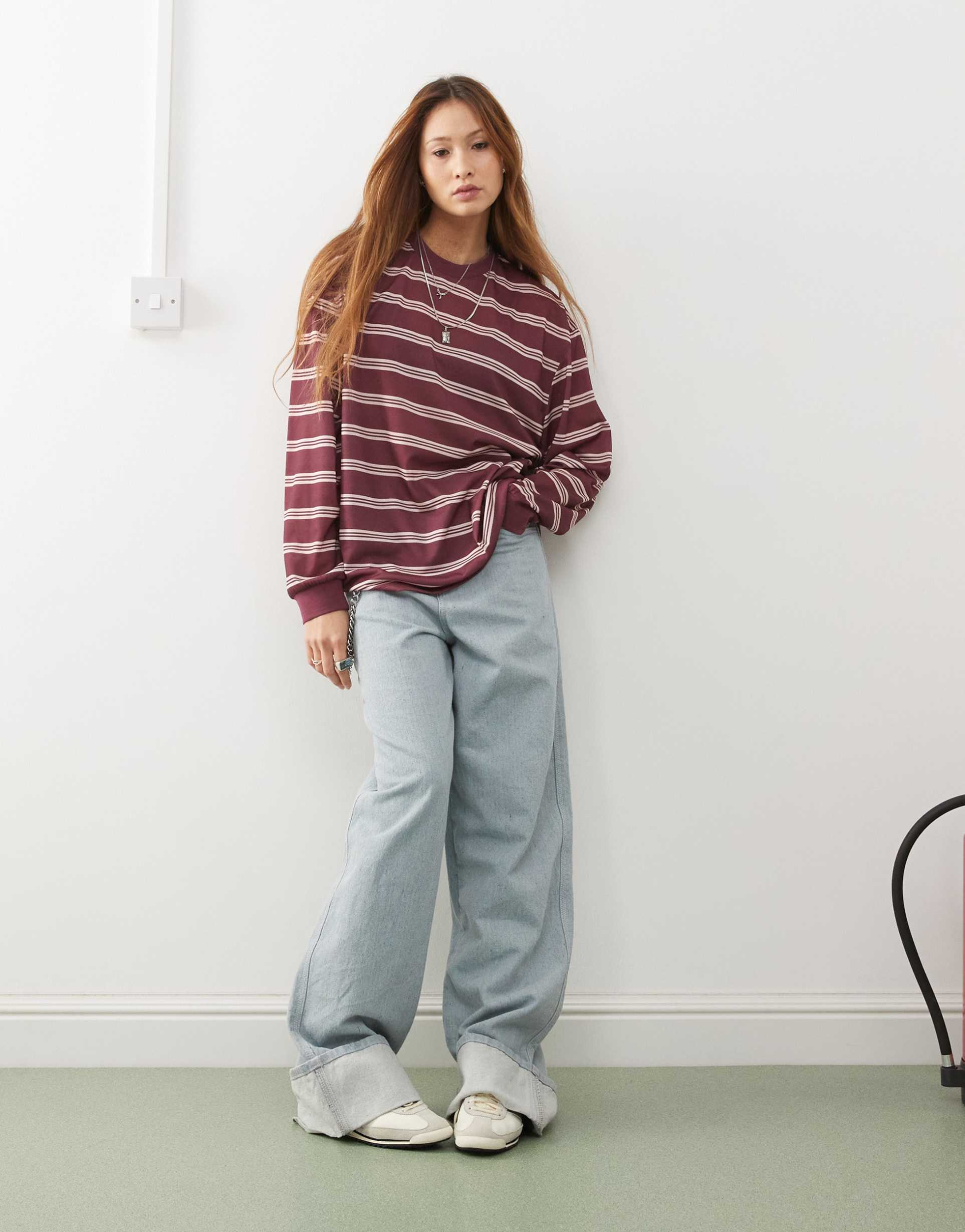 reclaimed vintage oversized long sleeve top in burgundy stripe