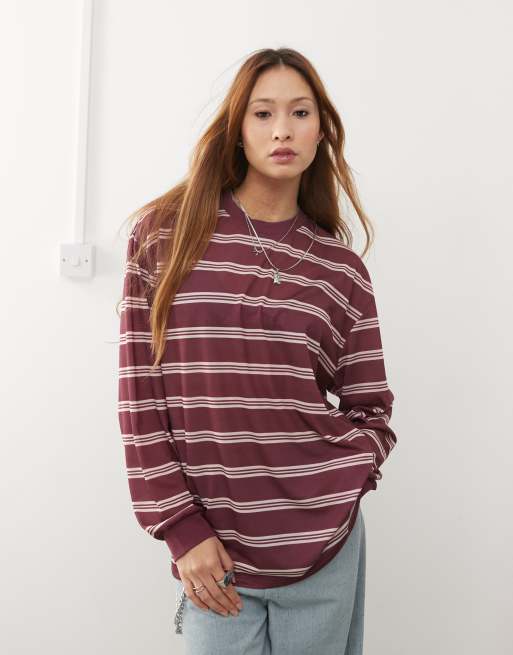 Reclaimed Vintage oversized long sleeve top in burgundy stripe, 2 of 4