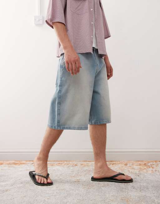 Reclaimed Vintage oversized longline denim jort in light blue faded wash, 3 of 5