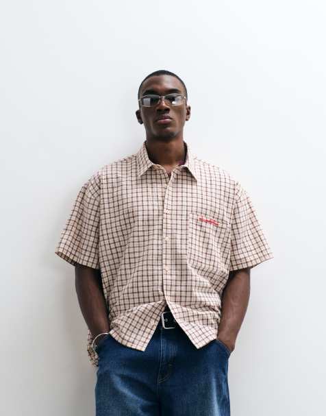 Reclaimed Vintage - Oversized og cropped skjorte med gult/brunt tern og firkantet pasform - view 1