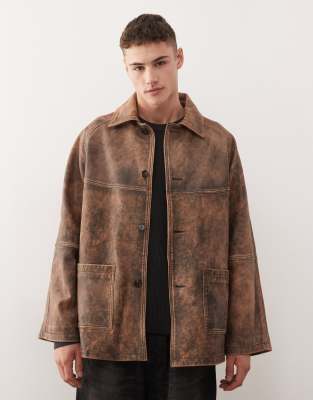 Reclaimed Vintage oversized real leather jacket in distressed brown